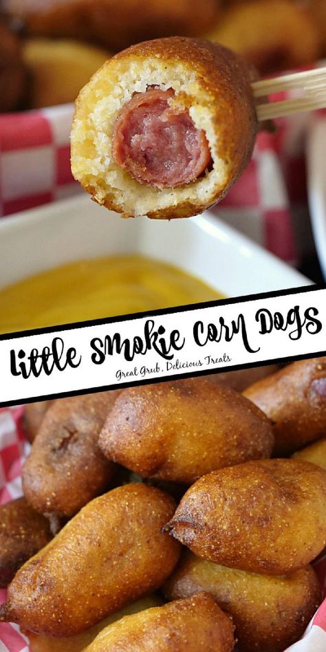 Collage of closeup shot of little smokie corn dog with bite taken out at top and closeup shot of more corn dog bites at bottom. Mini Corn Dog Bites, Recipes Using Cocktail Weenies, Mini Hot Dog Recipes Lil Smokies, Recipe For Lil Smokies, Little Smokie Appetizer Recipes, Lit’l Smokies, Beef Smokies Recipes, Lil Smokies Cornbread, Lil Smokies Dinner Recipes