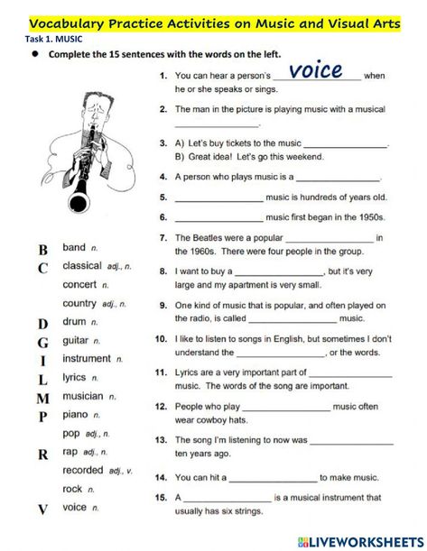 Music and Art online activity for Grade 9. You can do the exercises online or download the worksheet as pdf. Music Reading Worksheets, Music Vocabulary Worksheet, Music Worksheets For Kids Printables, Music Class Worksheets, Music Vocabulary, Free Music Worksheets, Music Activities For Kids, Vocabulary Exercises, Middle School Music