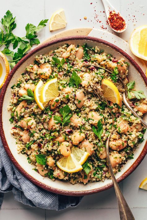 Baseball Meals, Bean Quinoa Salad, Blue Zones Recipes, Bean Quinoa, Grilled Romaine, Grain Recipes, White Bean Salad, Grain Salad, Minimalist Baker