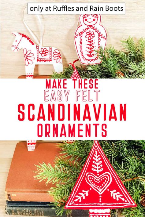 Such a fun and easy way to add a pop of color to my Christmas tree or presents, this little dala horse ornament is adorable. And they're so simple, you can make a ton of these in no time. They would make great gifts for teachers, too. Snap up the tutorial to make these Scandinavian Christmas ornaments here. Scandinavian Christmas Village Diy, German Christmas Ornaments Diy, Diy Dala Horse, Scandinavian Christmas Tree Decorations, Norwegian Felt Ornaments, Scandinavian Christmas Ornaments Diy, Scandinavian Christmas Embroidery, Dala Horse Pattern Free Printable, Dala Horse Ornament