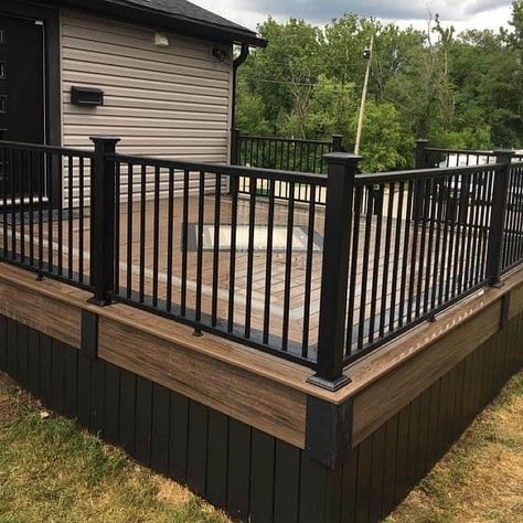 Finished Deck Ideas, Black Patio Deck Ideas, How To Build A Back Deck, Upgrading Mobile Home Exterior, Front Deck Skirting Ideas, Deck With Skirting, Side Of Deck Ideas, Best Deck Designs, Front Porch Skirting Ideas Under Decks