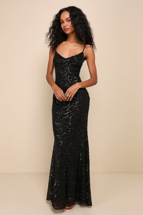 Captivate the crowd with the way you move in the Lulus Mesmerizing Demeanor Black Sequin Backless Mermaid Maxi Dress! Sparkling black sequins create an intricate, wavy design across stretchy mesh knit as it falls from adjustable spaghetti straps into a flattering V-neckline and a fitted bodice. The figure-skimming silhouette continues into a mermaid maxi skirt that features an elegant train at back. The deep V-back creates a sultry final finish! Hidden back zipper/clasp. Fit: This garment fits true to size. Length: Floor length. Size medium measures 51.75" from adjustable straps to hem. Bust: Great for any cup size. Waist: Fitted - very fitted at natural waist. Hip: Fitted - stretchy fabric allows room for hips. Undergarments: May be worn with an adhesive bra, petals, or no bra. Fabric: Fa Mermaid Maxi Skirt, Mermaid Maxi Dress, Wavy Design, White Prom Dress, Black Tie Dress, Lulu Fashion, Strapless Maxi, Strapless Maxi Dress, Black Tie Event