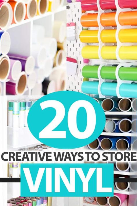 20 creative ways to store your vinyl Vinyl Cricut Storage, Storage Ideas For Cricut Vinyl, Adhesive Vinyl Storage, Diy Htv Vinyl Storage, Htv Vinyl Storage, Vynil Roll Storage, Vinyl Organization Ideas Diy, Vinyl Rolls Storage Ideas, How To Store Vinyl Sheets