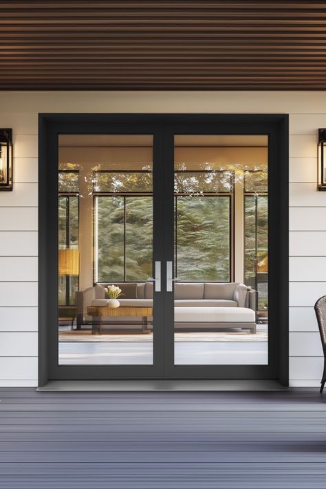 Swing into Durability and Premium Quality with Fiberglass! The MASTERGRAIN FC Collection Rail & Stile fiberglass patio door is the only fully constructed pultruded fiberglass swinging patio door made in Canada and is available to order now! Patio Front Door Entrance, Glass Wall Door Patio, Sliding Glass Door Outdoor, 9 Foot Patio Door, Patio Slider Doors Ideas, Back Door Sliding Door Ideas, Backyard Doors Ideas Patio, Black French Patio Doors, Replacing Sliding Glass Doors Patio