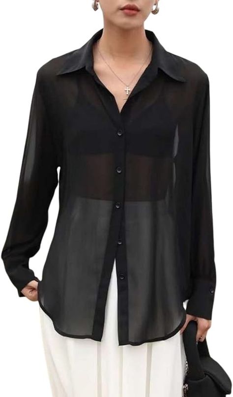 Arssm Sheer Button Up Blouse Mesh Shirt Women Long Sleeve Sexy See Through Top Fashion Black Trendy Mesh Blouse Tops(Black-S) at Amazon Women’s Clothing store Basic Blouse, Basic Blouses, Mesh Blouse, Mesh Shirt, Casual Long Sleeve Shirts, Blouse Tops, Loose Shirts, Mesh Long Sleeve, Shirt Top