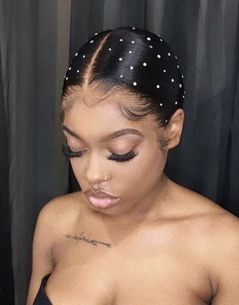 Barbie Ponytail With Diamonds, Ponytail With Pearls Black Women, Prom Hairstyles With Pearls Slick Back, Gems In Hair Black Women, Slick Back Ponytail With Gems, Hair Gems Black Women, Hair Gems Ponytail, Bedazzled Ponytail, Slick Back With Rhinestones