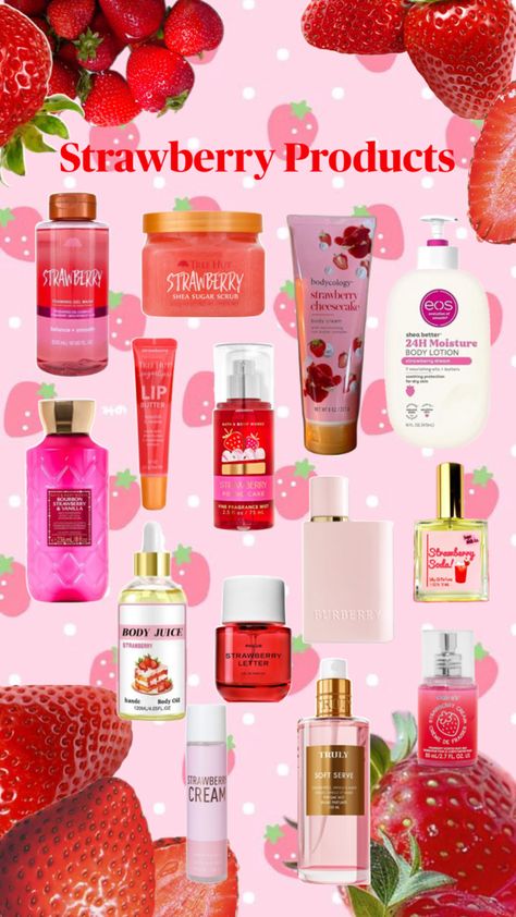 Strawberry body scrubs, body wash, lotions, oils, and parfums Strawberry Body Oil, Body Skin Care Products, Lip Butter, Body Scrubs, The Flesh, Fragrance Mist, In The Flesh, Strawberry Shortcake, Body Skin