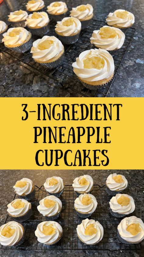 If you love a light pineapple cupcake but you’re in a hurry to make it, have I got a treat for you! This simple recipe has only three ingredients and comes together in literally minutes! 4 Ingredient Pineapple Cupcakes, Pineapple Filling For Cupcakes, Orange Pineapple Cupcakes, Easy Pineapple Cupcakes, Pineapple Cupcakes Recipes, Pinapple Cupcakes, Pound Cake Cupcakes, Pineapple Cupcake, Easy Bakes