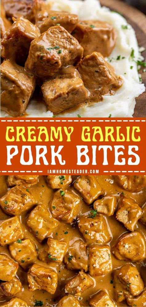 Essen, Garlic Pork Bites, Seasoned Pork Chops, Pork Bites, Pork Recipes For Dinner, Creamy Garlic Sauce, Pork Dinner, Think Food, Creamy Garlic