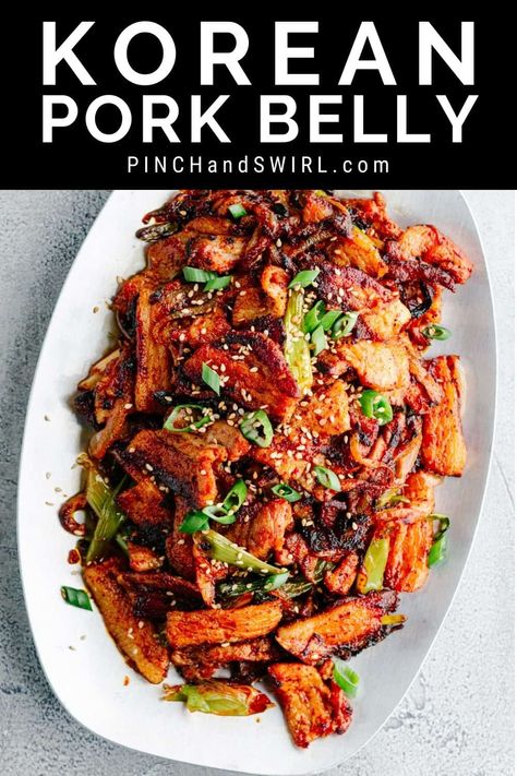 Korean Pork Belly Asian Pork Belly, Korean Pork Belly, Pork Belly Recipes Crispy, Korean Pork, Pork Belly Slices, Asian Pork, Pork Belly Recipes, Spicy Pork, Korean Dishes