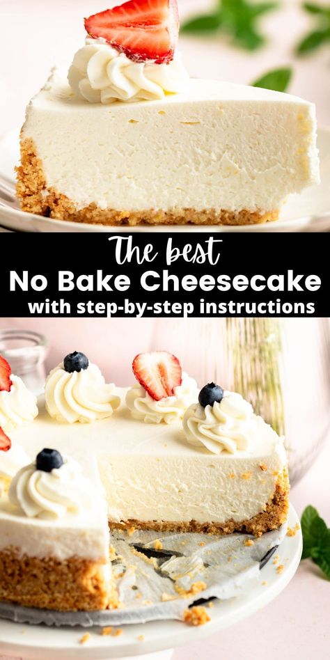 This no bake cheesecake is made with a thick buttery graham cracker crust and filled with velvety and creamy cheesecake filling. Holiday Recipes Christmas Desserts, Best No Bake Cheesecake, Birthday Cheesecake, No Bake Cheesecake Filling, Easy No Bake Cheesecake, Cake Recipes Easy Homemade, Baked Cheesecake Recipe, Easy Cheesecake Recipes, Cheesecake Filling