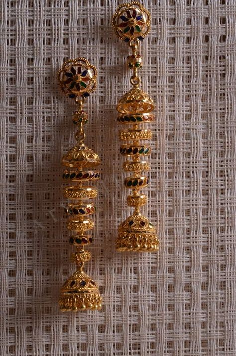 Long Chain Earrings Gold, Temple Jewellery Jhumkas, Gold Jwellary, Chain Earrings Gold, Small Earrings Gold, Gold Drop Necklace, Crafted Earrings, Pure Gold Jewellery, Bridal Jewels