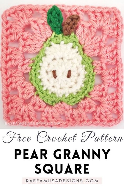 a crochet granny square made in cotton yarn and with a little pear in the center Mixed Granny Square Blanket, Unique Granny Squares Crochet Free, Alien Granny Square, Round Granny Square Pattern Free, Fun Granny Squares Free Pattern, 3d Granny Square Pattern, Fruit Granny Square, Granny Squares Pattern Free, Free Granny Square Patterns