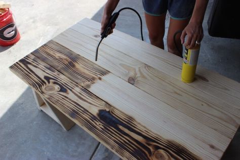 DIY Sawhorse Coffee Table Plans - Step 9 Saw Horse Diy, Torch Wood, Coffee Table Plans, Wood Table Diy, Garden Benches, Picnic Tables, Art Deco Home, Wood Plans, Outdoor Wood