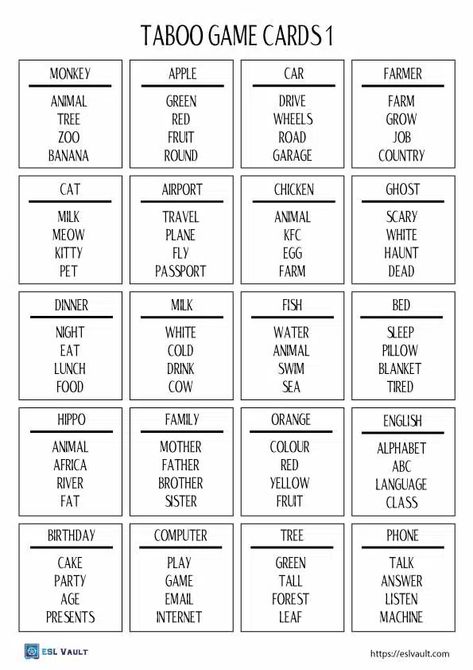 Esl Games For Adults, Esl Games For The Classroom, Christmas Taboo Printable Free, Taboo Cards Printable, English Games Teaching, Activity For English, Printable Card Games, English Conversation Worksheets, Esl Speaking Activities