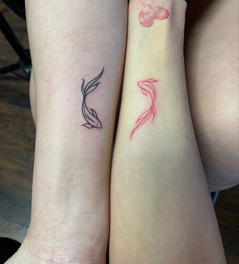 Red tattoo | Creative Tattoos Aesthetic By Rowan Oh | #tattoo #tattoos #art #ink #inked #tattooartist #tattooed #tattooart #tatted #tattoolife #blackandgreytattoo #tattooing #girlswithtattoos #polynesiantattoo #instatattoo #bodyart Tattoo Ideas For Sisters Sibling, Aesthetic Sibling Tattoos, Duo Tattoos Siblings, Tattoo Ideas Cousins, Bff Matching Tattoos, Duo Tattoos, Tattoos For Cousins, Matching Tattoos For Cousins, Matching Cousin Tattoos