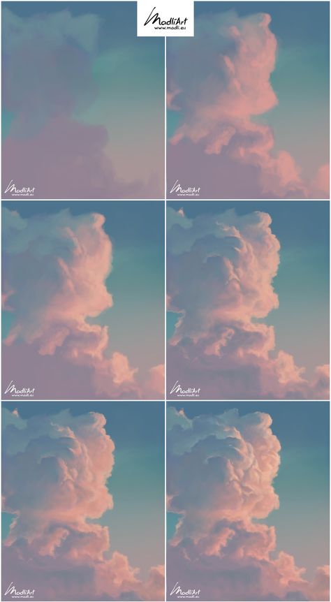 Digital Clouds Tutorial, Painting Clouds Digital, Cloud Painting Reference, Cloud Paint Tutorial, Colourful Clouds Painting, Sky Painting Step By Step, Digital Cloud Art, Sky Tutorial Drawing, Digital Illustration Step By Step