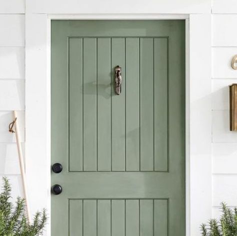 Light Green Door Entrance, Grey House With Green Door, Sage Green Door Interior, Sage Green Front Door Colors, White House Green Door, Sage Front Door, Colour Front Door, Sage Green Front Door, Green Front Door Colors