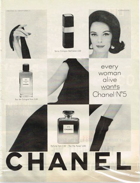 1960's Chanel No. 5 Chanel Branding Design, Perfume Campaign Photography, Chanel Graphic Design, Perfume Advertisement Poster, Chanel Advertising, Chanel Branding, Perfume Magazine, Perfume Advertisement, Chanel Perfumes