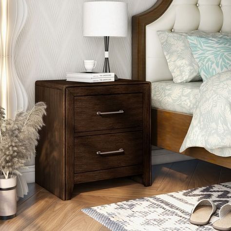 Bett Transitional Walnut Solid Wood 2-Drawer Nightstand by Furniture of America - On Sale - Bed Bath & Beyond - 30977993 Dark Brown Bedside Table, Silver Drawer Pulls, Brown Nightstands, Walnut Nightstand, 2 Drawer Nightstand, Wood Nightstand, Updating House, Furniture Of America, Drawer Nightstand