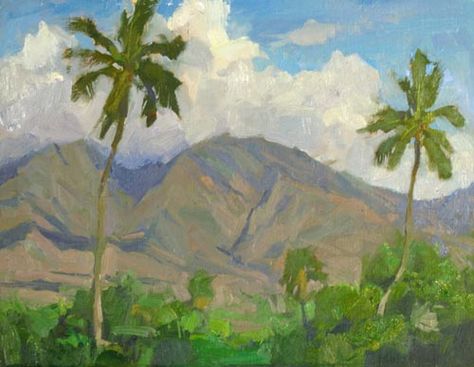 Colin Page, "West Maui Mountains" Maui Painting, Gouache Painting Techniques, Hawaii Painting, West Maui, Hawaii Art, Hawaiian Art, Mountain Paintings, Vibrant Art, Gouache Painting