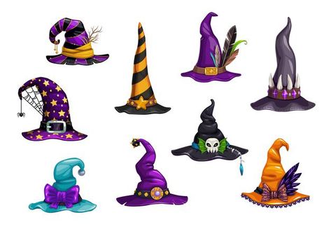 Halloween witch, magician and wizard hat... | Premium Vector #Freepik #vector #ribbon #party #halloween #star Mage Costume, Wizard Hats, Gnome Costume, Character Outline, Cartoon Witch, Happy Kitten, Happy Halloween Banner, Wizard Hat, Mini Game