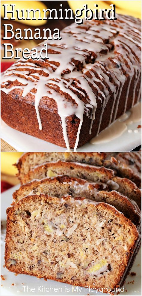 Hummingbird Banana Bread drizzled with Vanilla Glaze Tropical Fruit Bread, Banana And Pecan Loaf, Humming Bird Bread Recipe, Banana And Pineapple Cake, Banana Bread Pineapple Recipe, Banana Bread Recipe Pecans, Banana And Pineapple Recipes, Banana Bread Pecan, Banana Bread Recipe Variations