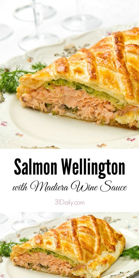 Salmon Wellington with Madeira Wine Sauce | 31Daily.com Yellow Recipes, Wellington Recipes, Salmon Wellington Recipe, Quick Salmon Recipes, Vegetable Terrine, Salmon Wellington, Wellington Recipe, Spinach And Mushrooms, Quick Salmon