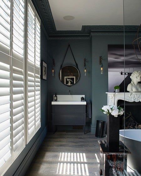 Light and Shadow. They are so beautiful to watch; it often takes my mind to different places when I pass by or sit here to admire the beauty of this room. I love when the sun shines through the gaps of the wooden shutters creating this magical lighting and patterns on the flooring. Enjoy the sunshine today! 📷 jonathanwgooch #casabotelho #madeinbritain #masculineglamour #artdeco #connectingthedots #homedecor #bespokefurniture #styleinspiration #designboom #decor #elledecor #theworldofinteriors Bathroom Paint Finish, Cloakroom Tiles, Baby Safe Paint, Bathroom Colours, Splashback Ideas, Dark Bathroom, Hall Colour, Hallway Walls, Tile Splashback