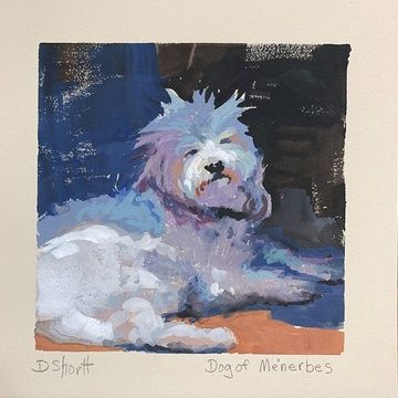 DOG OF MENERBES (Unframed) by Donna Shortt, GOUACHE, 6 x 6 Gouache Dog Painting, Gouache Animal Painting, Monhegan Island, Winter Songs, Watercolor Gouache, Pink Ornament, Color Vibe, Dog Painting, Pink Hydrangea