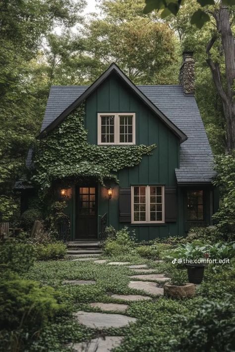 Fairytale Woods Aesthetic, Cottage In The Forest Aesthetic, White House In Woods, Dark Green Exterior House With Natural Wood Elements, Portland Oregon Aesthetic Homes, Greenery House Aesthetic, Dark Green Aesthetic House, Dark Cabin Exterior, Dark Cottage House