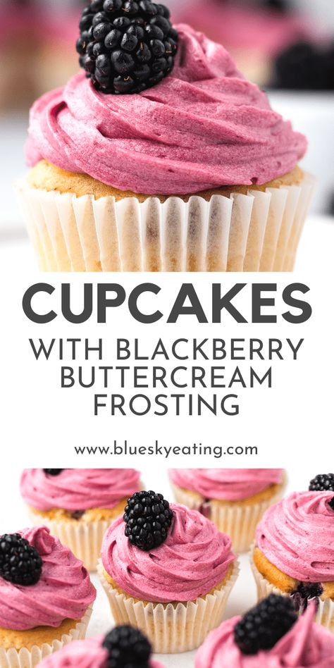 These blackberry cupcakes with blackberry buttercream frosting are easy to make and sure to impress! The vanilla sponge cake base is light, fluffy, moist and studded with fresh blackberries. Then they’re topped off with a perfectly purple frosting swirl! Plus, it's all completely gluten free and nobody would ever know it. Chocolate Cupcakes With Blackberry Buttercream, Blackberry Buttercream Frosting, Best Ever Cake, Blackberry Frosting, Purple Frosting, Whipped Buttercream Frosting, Blackberry Buttercream, Blackberry Cupcakes, Traybake Cake