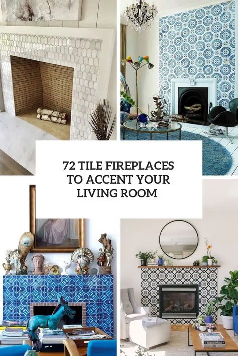 tile fireplaces to accent your living room cover Tiled Fireplace Wall Farmhouse, Patterned Fireplace Tile, Living Room Tile Fireplace, White Tiled Fireplace Ideas, Tile Fireplaces Ideas, Tiled Fireplace With Raised Hearth, Fireplace Tv Wall Tile Ideas, Fireplaces With Tile Surrounds, Tiled Fireplaces Ideas