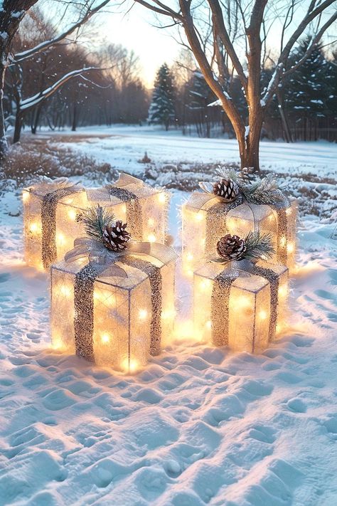 Set of 4 Christmas Lighted Gift Boxes, Pre-lit Lights Gift Boxes, Light up Present Boxes Set Battery Operated with Different Sizes for Holiday Indoor Outdoor Decorations Diy Outdoor Gift Boxes, Light Up Present Boxes, Outdoor Christmas Presents, Light Up Presents, Outdoor Christmas Gifts, Lights Christmas, Outdoor Holiday Decor, Outdoor Decorations, Outdoor Gift