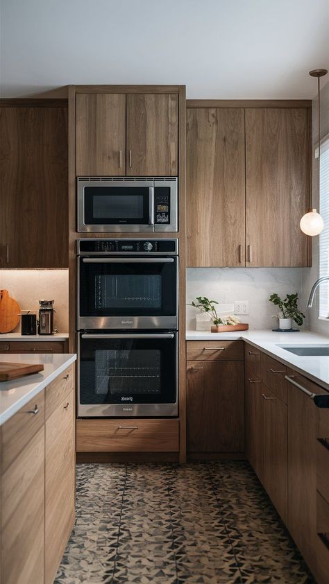 Stack your oven and microwave in a built-in tower to save space, centralize cooking tools, and streamline the look of your kitchen. Small Kitchen Extension Ideas, Stacked Ovens, Wrap Around Extension, Built In Oven, Woods House, House Extension Ideas, Small Kitchen Remodel Ideas, Oven Cabinet, Kitchen Design Small Space