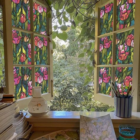 Pretty Stained Glass Windows, House With Stained Glass Window, Stained Glass Bedroom Window, Stained Glass Film For Windows, Stain Glass Windows In Homes, Stained Glass Kitchen Window, Stained Glass Windows In Homes, Window Film Ideas, Colored Glass Window