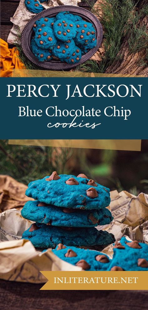 At Camp Half-Blood, Percy's healing drink tastes like home: his mom's blue chocolate chip cookies. Make Sally Jackson's vibrant blue cookie recipe at home! Blue Cookie Recipe, Sally Jackson Cookie Recipe, Blue Chocolate Chip Cookies, Blue Cookies Recipe, Percy Jackson Food Recipes, Percy Jackson Cookies, Percy Jackson Recipes, Percy Jackson Blue Cookies Recipe, Percy Jackson Blue Cookies