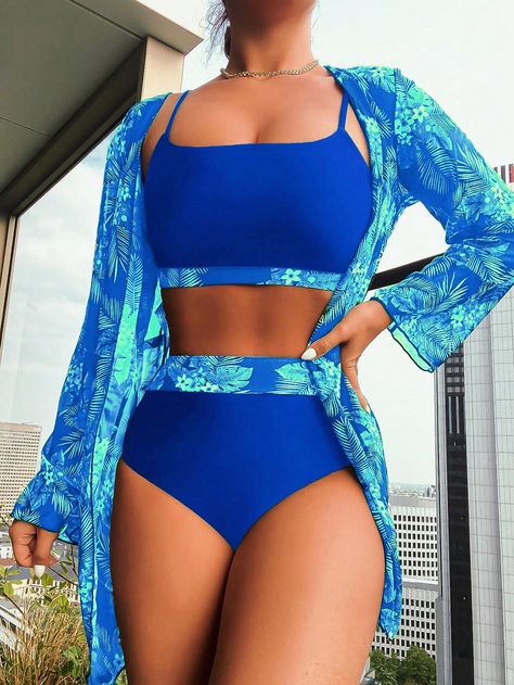 Blue  Collar   Tropical  Embellished High Stretch  Women Clothing Bandeau Swimwear, Long Sleeve Swim, Beach Bathing Suits, High Waisted Bathing Suits, Swimwear Sets, Swimsuits High Waisted, Swimsuit Set, Swimsuit Cover Ups, Sierra Leone