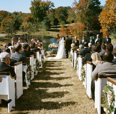 Outdoor Wedding Pews, Outdoor Pews Wedding, Fall Wedding Chapel Decor, Church Pew Outdoor Wedding, Greenery On Pews Wedding, Church Bench Decor Wedding, Wildflower Pew Ends, Church Pew Wedding, Church Pew Wedding Decorations