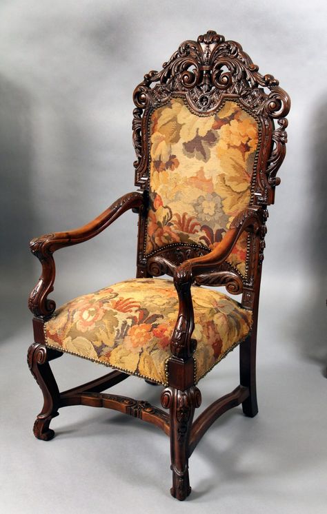 A Set of Four Large 19th Century Hand Carved Wood Highback Armchairs - Charles Cheriff Galleries Carved Sofa, Hand Carved Furniture, Wood Carving Furniture, Carved Chairs, High Back Armchair, Victorian Chair, Antique Sofa, Unique Chair, Carved Furniture