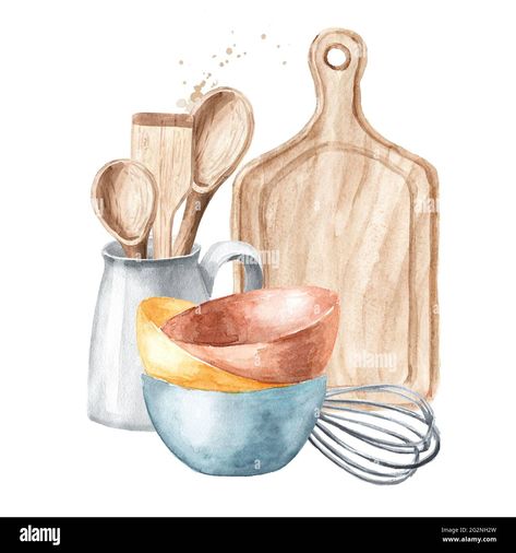 Download this stock image: Kitchen utensils. Watercolor hand drawn illustration, isolated on white background - 2G2NH2W from Alamy's library of millions of high resolution stock photos, illustrations and vectors. Baking Wallpaper, Wooden Rolling Pin, Kitchen Artwork, Food Illustration Art, Watercolor Food, Art And Illustration, Free Vector Art, Kitchen Art, Rolling Pin