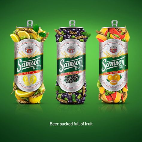 TASKS: Create stunning but simple visuals for great new taste of Samson Fruit Mix Beer. Show product as pure and natural beer with no preservatives. Beer Pack, Fruit Beer, Alcohol Packaging, Fruit Mixes, Beer Design, Photoshop Art, Cider, Beverage Can, Packaging Design