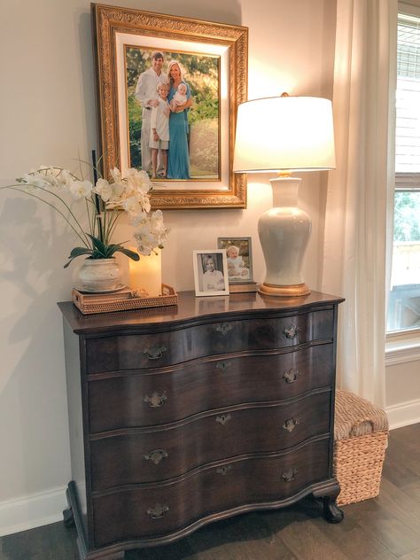 Foyer Chest Decor Entryway, Tables With Lamps Decor, Traditional Bedroom Dresser Decor, Styling Accent Table, Antique Table Styling, Traditional Nightstand Decor, Entryway Chest Decor, Chest In Living Room Decor, Grand Millennial Style Lighting