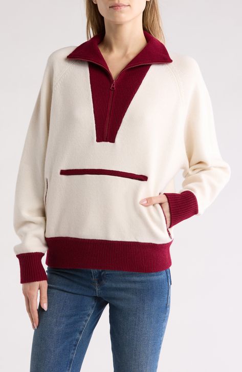 A contrast, ribbed collar and hems bring sporty, '80s-inspired detail to this pullover sweater featuring a half-zip closure and roomy fit. 25'' length (size Small) Half-zip front closure 70% wool, 26% cashmere, 4% nylon Dry clean Imported Dkny Jeans, Crochet Tank, Half Zip Pullover, Sweaters Crewneck, Winter Wear, Half Zip, Pullover Sweater, Sweater Outfits, Warm Weather