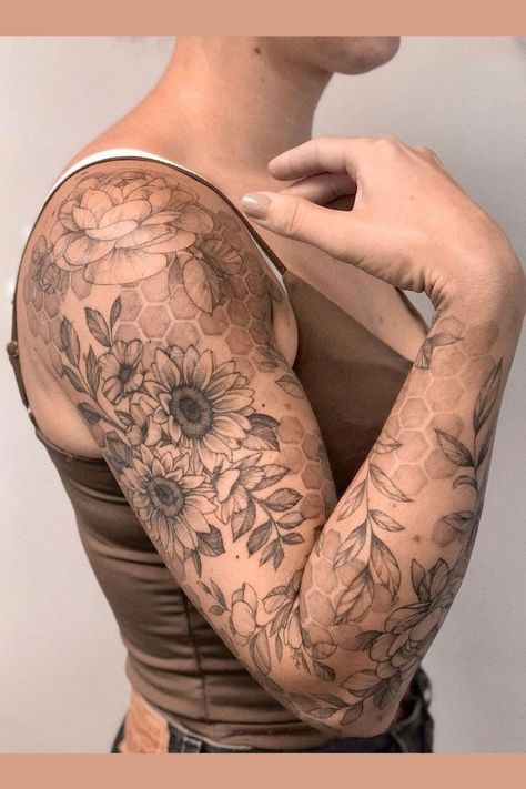 Big Flower Sleeve Tattoo, Farm Theme Tattoo Sleeve, Women’s Tattoo Sleeve Filler, Blank Space Tattoo Filler, Body Journal, Tattoo Sleeve Filler, Arm Sleeve Tattoos For Women, Quarter Sleeve Tattoos, Feminine Tattoo Sleeves