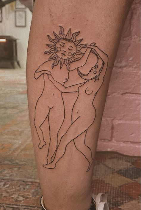 Sun Moon Woman Tattoo, Dancing Moon Tattoo, Sun And Moon Dancing Tattoo, Dancing Sun Tattoo, Sun Lady Tattoo, Nude Lady Tattoo Design, Moon Head Tattoo, Dancing Lady Tattoo, Moon Lady Tattoo