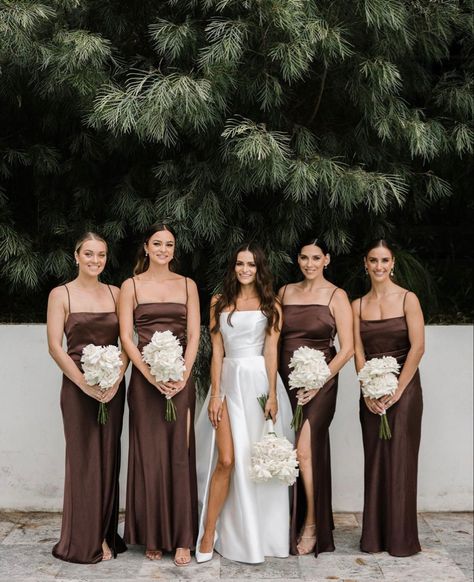 Green Brown Bridesmaid Dresses, Brown Gown Outfit, Bridesmaid Dresses Mocha, Neutral Brown Wedding Colors, Brown Groomsmen Suits With Bridesmaids, Dark Chocolate Bridesmaid Dresses, Bridesmaids Brown Dresses, Espresso Bridesmaid Dresses, Brown And Black Wedding Theme