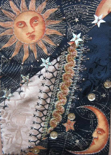 Embroidery Sun Designs, Whimsigoth Quilt, Embroidery Celestial, Whimsigoth Embroidery, Celestial Quilt, Celestial Embroidery, Happy New Year Card, Sun Moon And Stars, Crazy Quilt Blocks