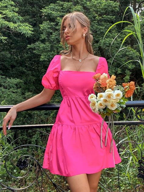 Hoco Dresses Puff Sleeves, Casual Green Dresses, Hot Pink Dress Casual, Pink Dress Outfit Casual, Boho Dress Outfit, Vestido Shein, Pink Dress Outfits, Black Dress Outfit, White Dress Outfit