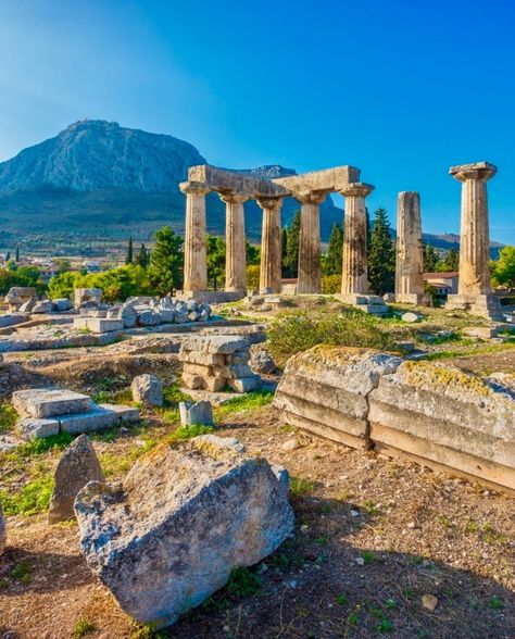 The ancient city of Corinth, Greece @kevinandamanda Dog Olympics, Ancient Greece City Fantasy Art, Ancient Greek Landscape, Ancient Corinth Greece, Greece Delphi, Indian Landscape, Corinth Greece, Greek Civilization Architecture, Greek Aesthetic